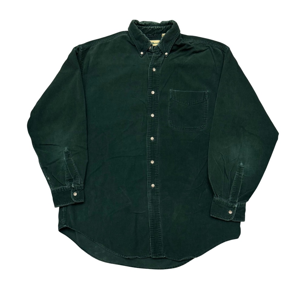 Vintage LL Bean Corduroy Button Down Shirt Forest Green Distressed